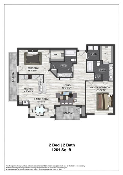 Floor plan for 2 beds, 2 baths, 1261 sqft